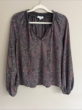 Evereve Kyra Paisley Smocked Brown/Pink Long Sleeve Peasant Blouse size large